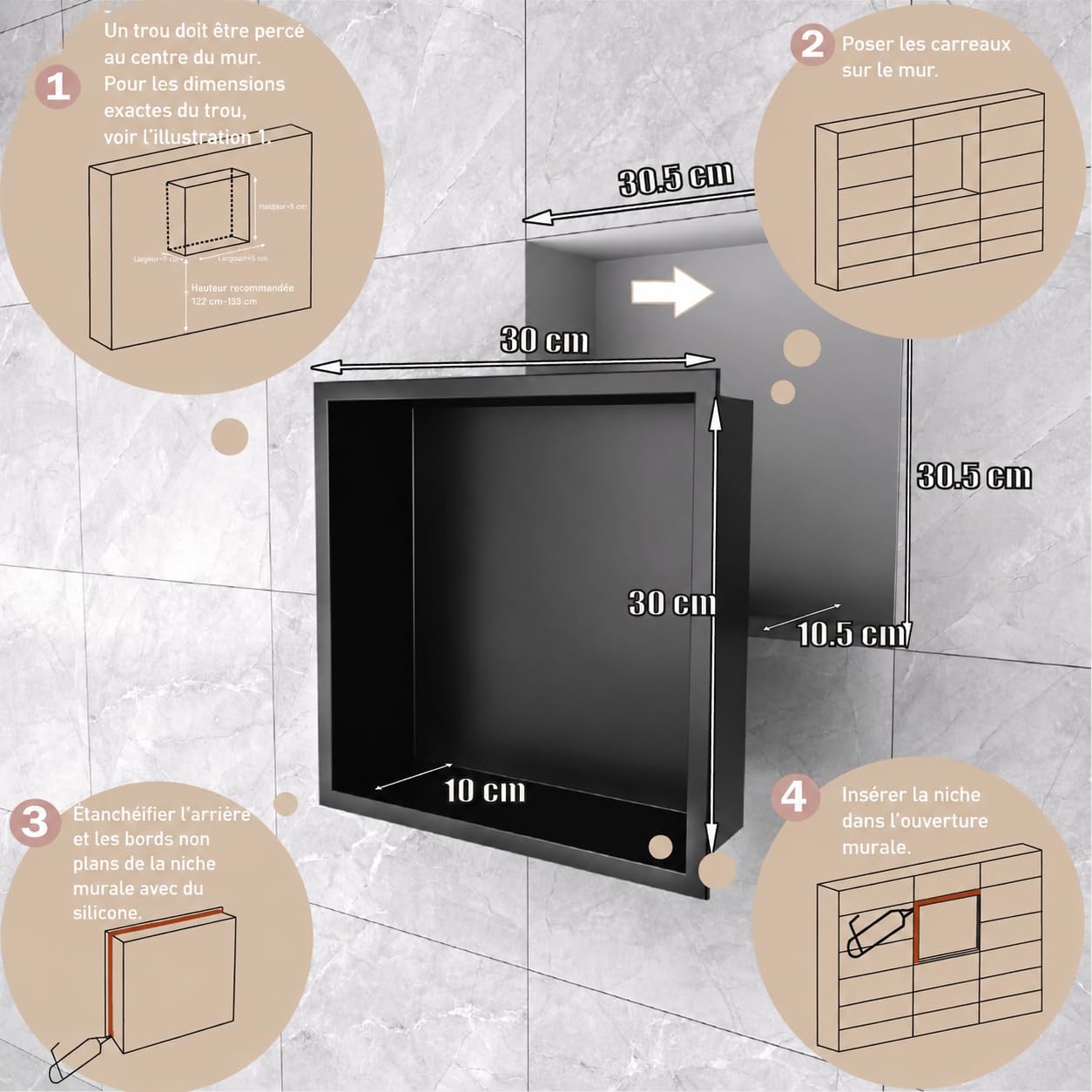Nicho de Pared empotrable de Acero Inoxidable para Ducha, Estante de Ducha Integrado sin Azulejos, de Acero Inoxidable, Almacenamiento Doble para (Negro Mate, 30 x 30 x 10 cm)