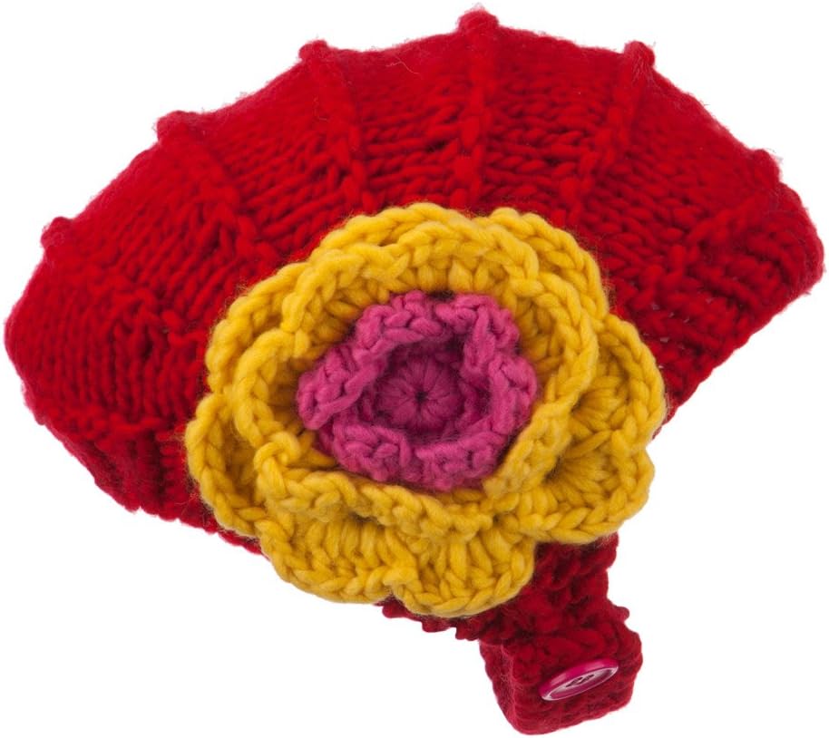 Girl's Flower Detail Chin Ski Beanie - Red