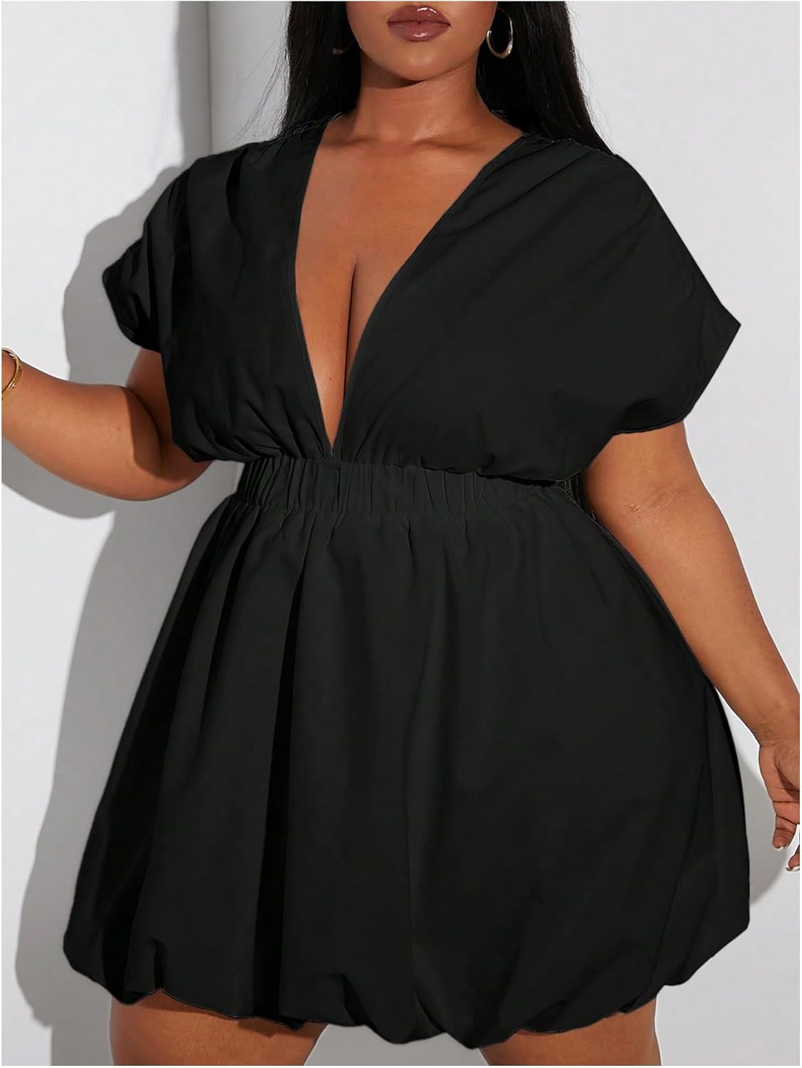 Women's Plus Size Deep V Neck Mini Bubble Dress Short Sleeve Puffy Party Club Dresses - Image 5