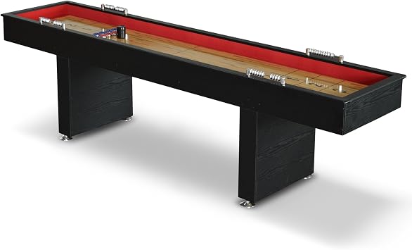 Hathaway Avenger 9 Ft Shuffleboard Table for Family Game Room Poly-Coated Playfield, Built-in Scorer & Cabinet, Carpeted Gutters, 8 Pucks, Brush & Wax Black Finish