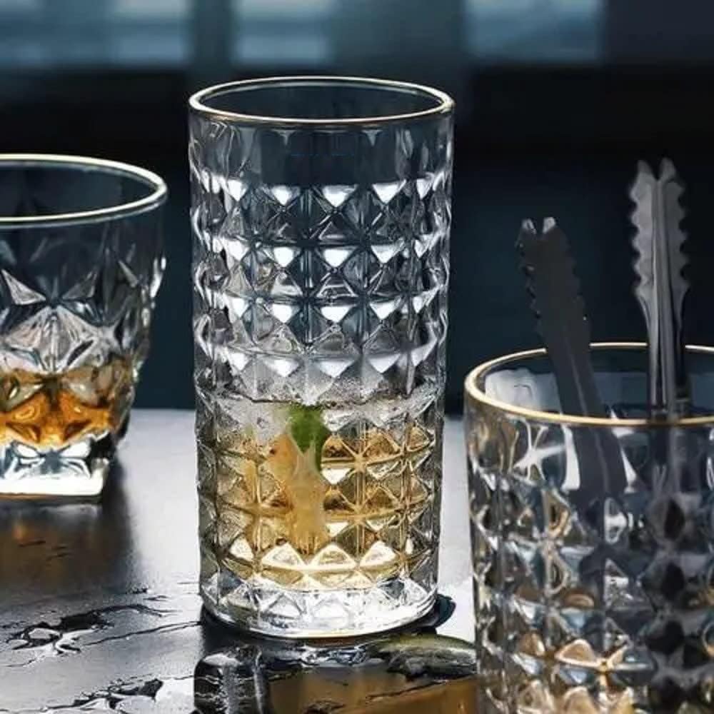 VILON Italian Premium Juice and Water Glasses Set of 6 Transparent, 300ml, Drinking Water Glasses Stylish and Crystal Square Highball Glasses for Water, Juice and Cocktails (Diamond Glass 300ML) 1