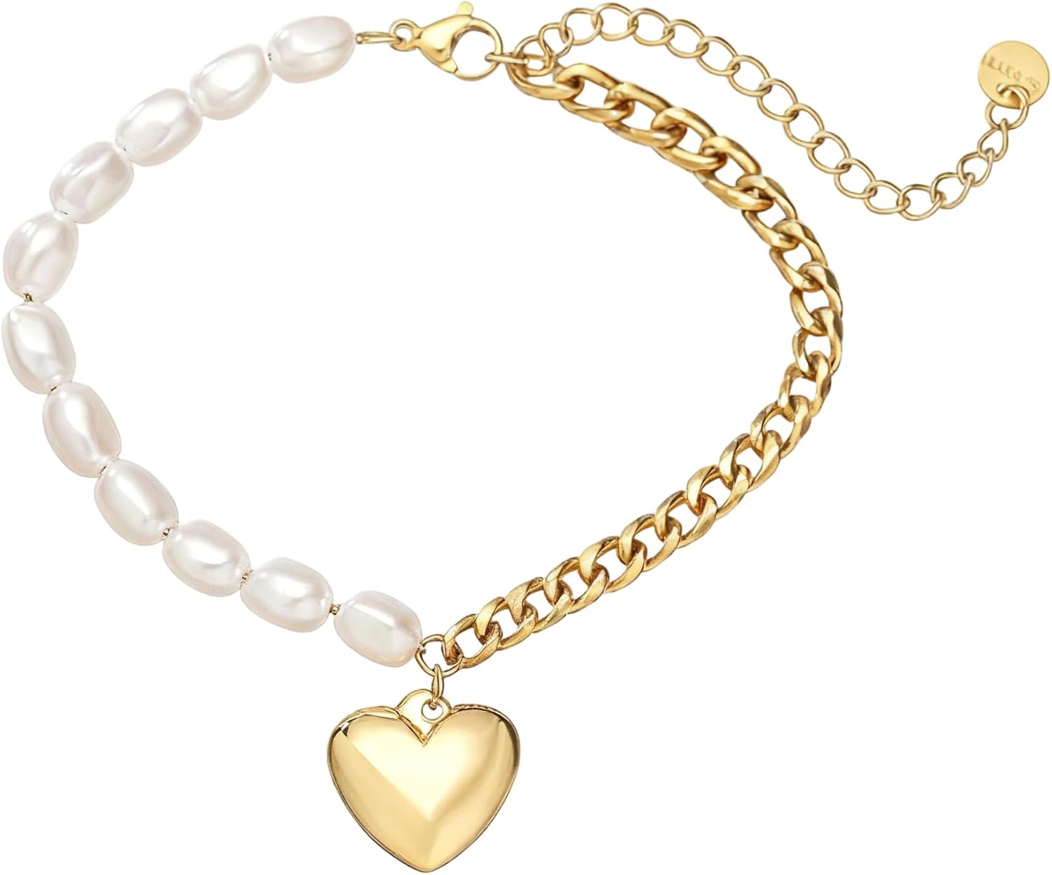 Gold Stainless Steel Plated Pearl Heart Pendant Bracelet for Women, Y2k Aesthetic Chunky Chain Adjustable Bracelet, Dainty Fashion Jewelry Gift for Birthday Christmas Valentines Day