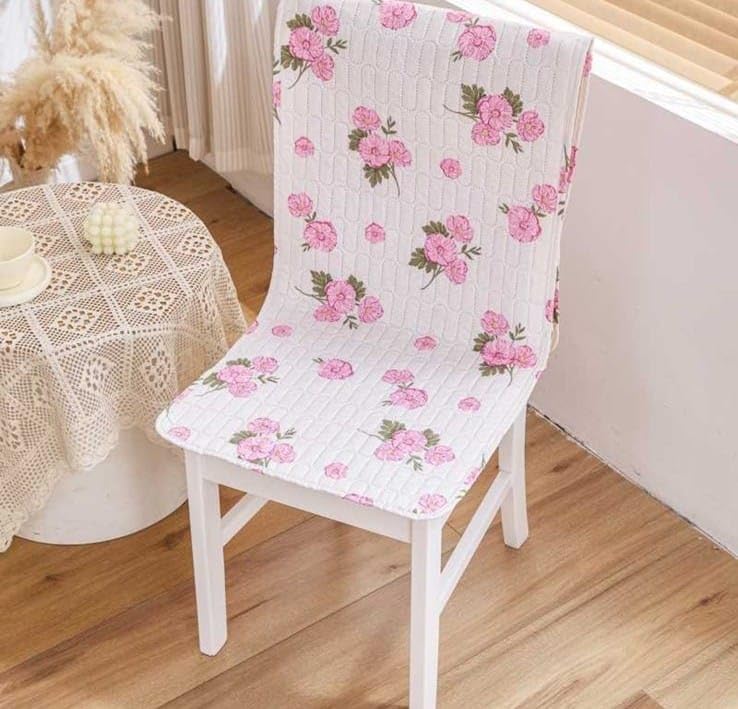 Image of HOMETHREADS Floral Quilted Cotton Chair Cover - Soft, Comfortable Dining Chair Seat Protector with Non-Slip Backing & Strong Elastic Strap for Snug Fit (White Pink, Pack of 1)