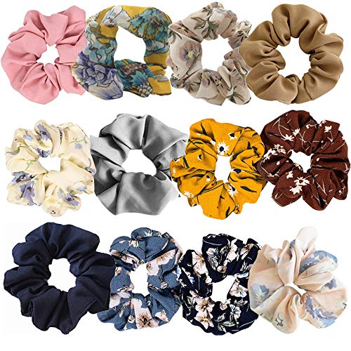Scrunchies, 12 Stück Haargummis, Chiffon Blume Bunt Elastisch Haarbänder für Damen Mädchen, Pferdeschwanz Haarband, verschiedene Farben