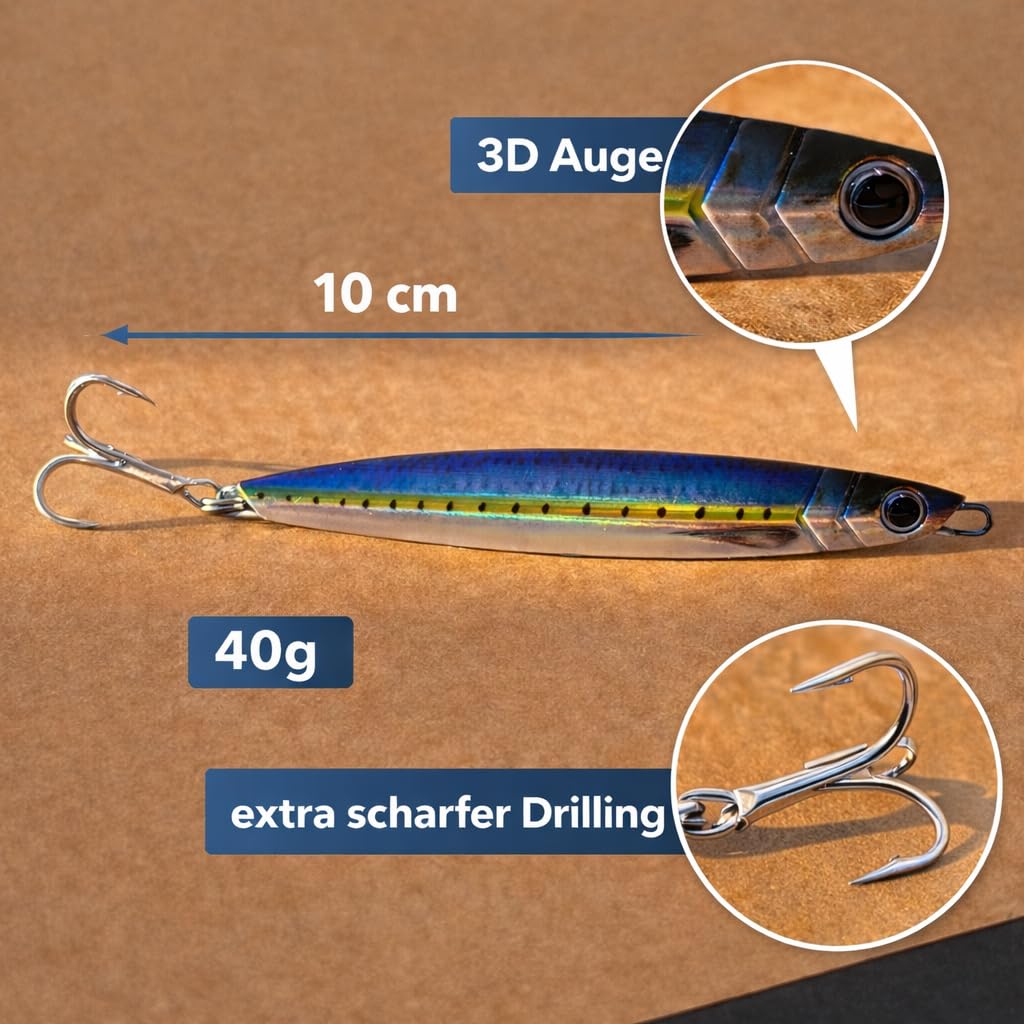 5er Set Angelköder Metal Jigs – 40g Pilker für Meerforelle, Wolfsbarsch, Makrele & Barsch – Schlanke Weitwurf-Köder mit holografischem Design & 3D-Augen – Salzwasserfest