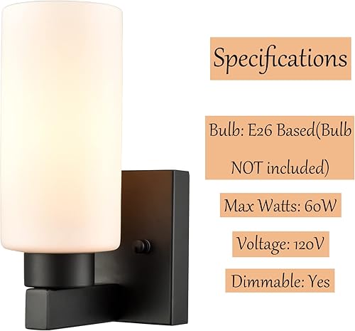 Miniatura 6 de DEYNITE Juego de dos apliques de baño modernos negros con pantalla cilíndrica de cristal cilíndrica blanca lechosa