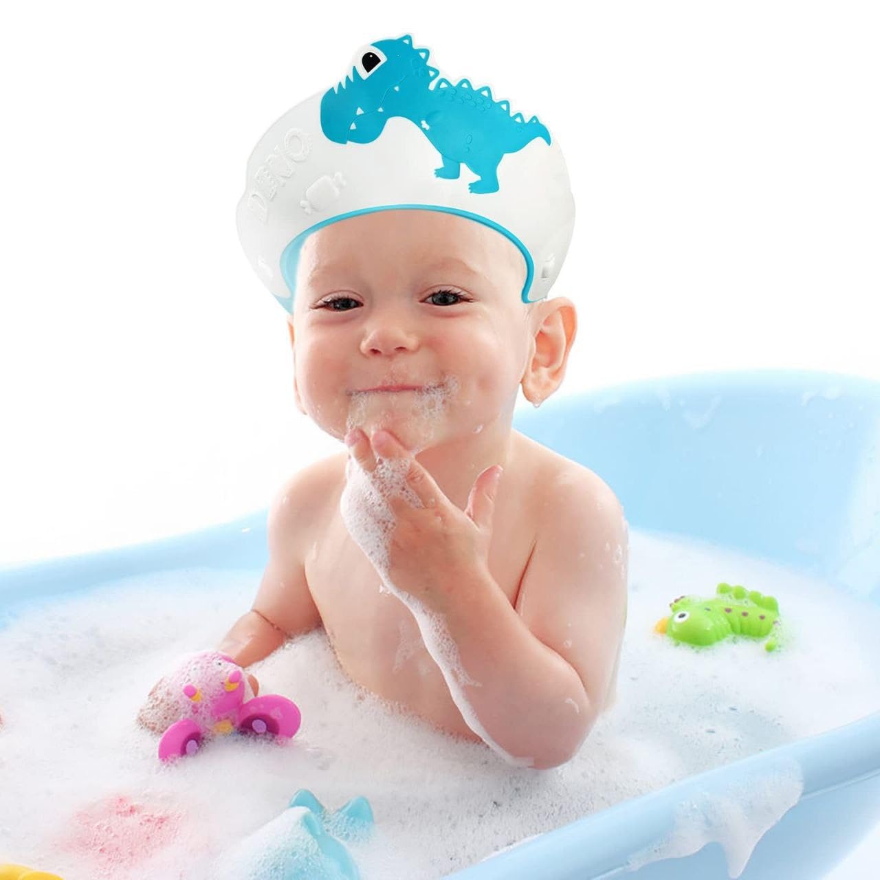 Baby Shower Cap for Kids Hair Washing Shield, Toddler Bath Hat, Shampoo Visor, Head Protector - Cute Dinosaur Shape Makes Bath More Fun - Blue - Image 6 thumbnail