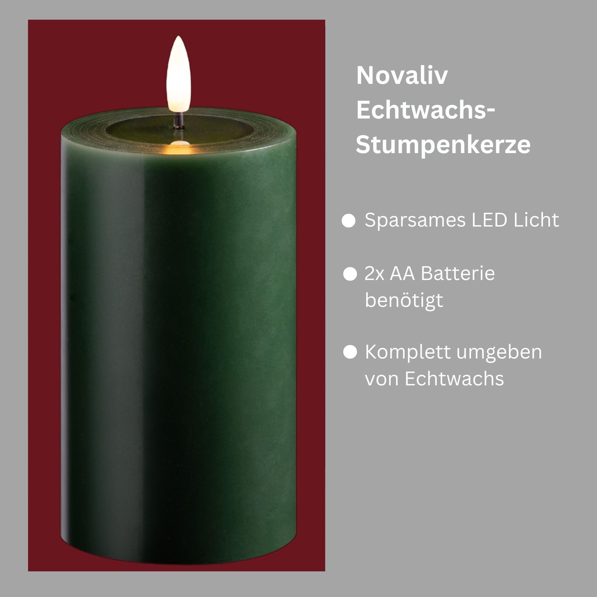 Novaliv Zestaw 4 świec LED migoczący płomień z prawdziwego wosku zielone 7,5 cm ø 2 x 12,5 cm, wysokość 2 x 10 cm, świece LED z funkcją timera, 2 baterie AA, świece LED z prawdziwego wosku, ciepła