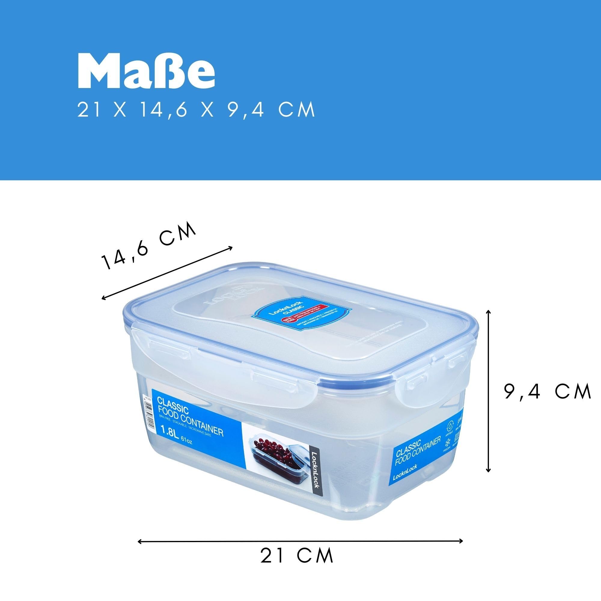 LocknLock 6er Set HPL322 Vorratsdosen - Frischhaltedosen 1,8 Liter - Maße (LxBxH): 210 x 146 x 94 mm - Geeignete Dosen zum Einfrieren und Mikrowelle - Lock and Lock Dosen Food Box Meal-Prep-Boxen