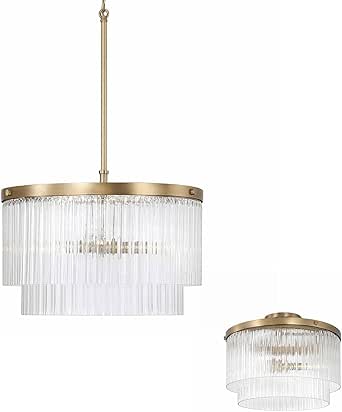 Capital Lighting 356231AD Vaughn Tiered Cylindrical Beveled Fluted Glass Convertible Semi Flush/Pendant Ceiling Light, 3-Light 180 Total Watts, 11" H x 16" W, Aged Brass