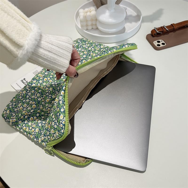 11-15.6 Inch Cute Puffy Laptop Sleeve Fairycore Floral Carrying Laptop Bag Cover Kawaii Aesthetic Tablet Liner Pouch Preppy Stuff Cottagecore Office Accessories (Green Flower,15 Inch)