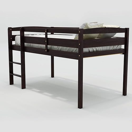 Miniatura 6 de Nigwedete Cama alta de madera de tamaño individual con escalera y barandilla literas bajas para dormitorio de niñas y niños cama con marco de madera