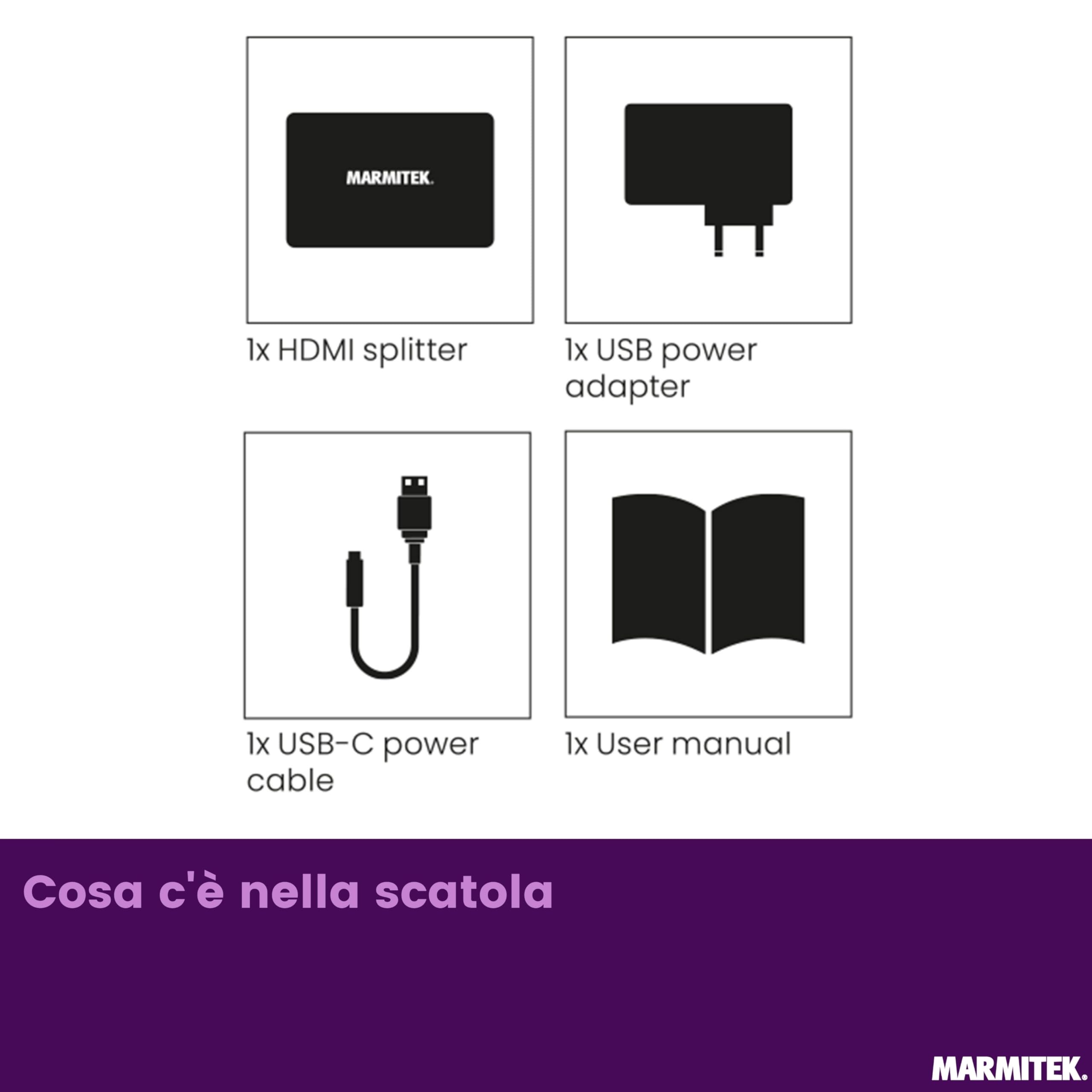 Marmitek Split 712 - Splitter HDMI 8K60 4K120 1 ingresso 2 uscite | Ripartitore HDMI 2.1 per gaming, VRR, ALLM, QMS, QFT, Downscale EDID, 40 Gbit/s, HDCP 2.3 e scocca metallica