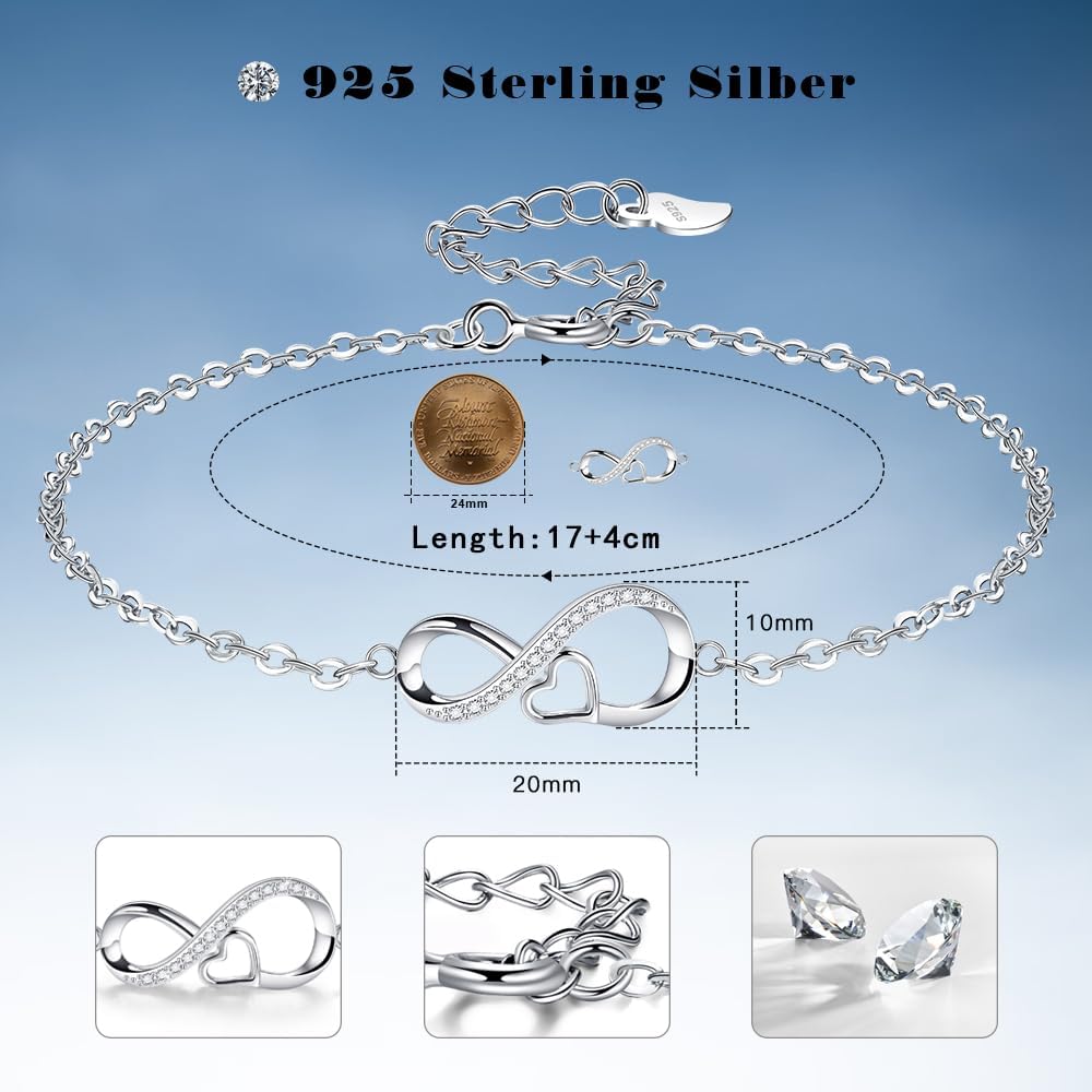 Bracelets for Women Sterling Silver Infinity Heart Bracelet for love 17+4cm Christmas Valentines Birthday Gift Jewelry Gift for Women with gift box - Image 6