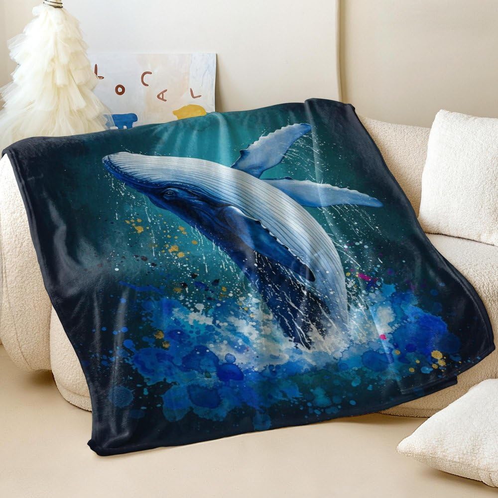 Couverture jeté de lit flanelle douce aquarelle baleine indigo décoration océan
