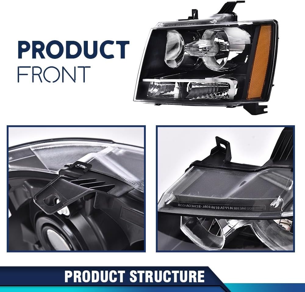 PIT66 Headlight Assembly Compatible with 2007-2014 Chevy Tahoe Suburban/2007-2013 Avalanche Left Driver Side Halogen Headlamps