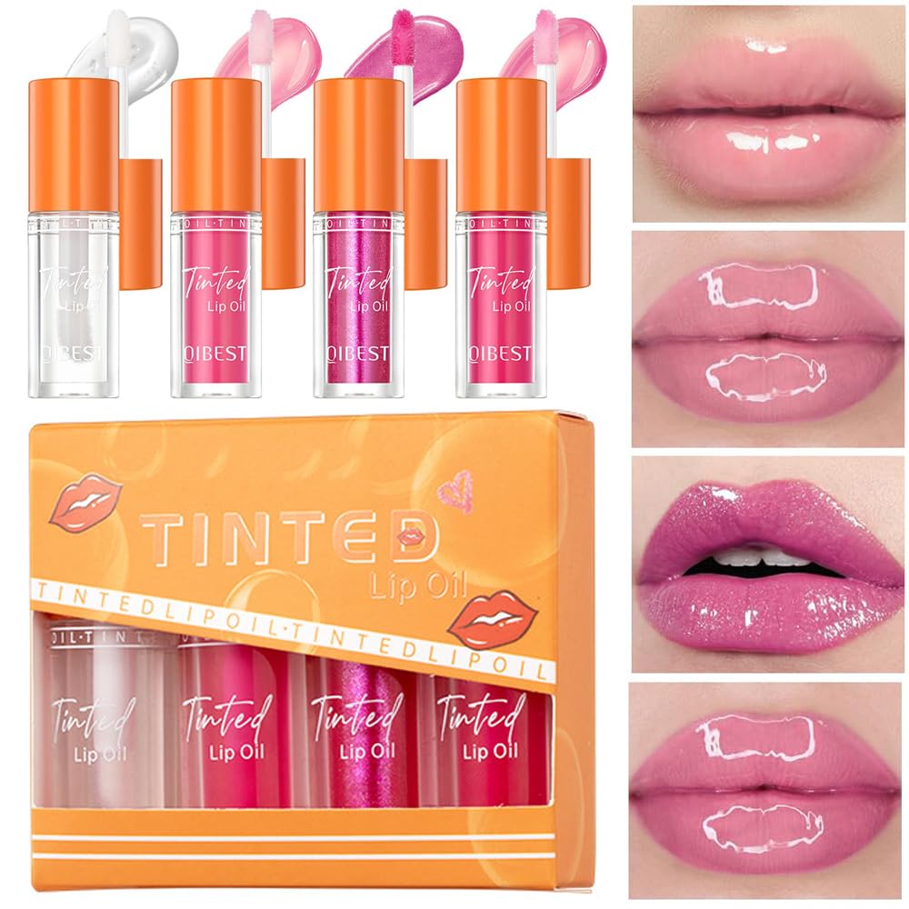 4PCS Lip Oil and Lip Gloss Set - Tinted Lip Oil Light Lip Gloss Set, Moisturizing Jelly Lip Gloss, Long Lasting Shimmer Liquid Lipsticks for Girls and Women
