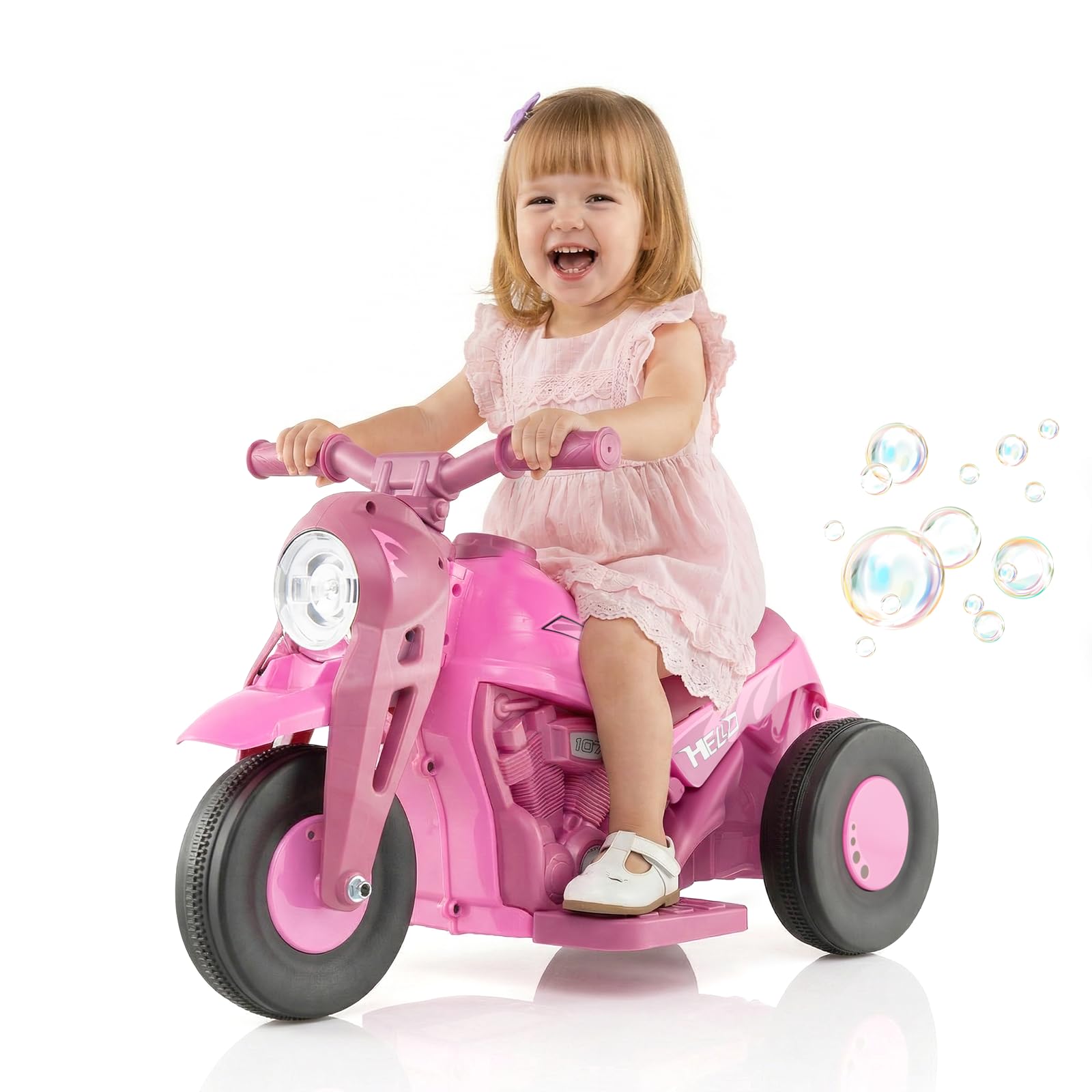 Kids Electric Motorbike, 6V Ride On Motorcycle with Automatic Bubble Function Headlight Music Foot Pedal, 3 Anti-Skip Wheels Vehicle for Boys Girls Ages 3+ (Pink) โ image 1