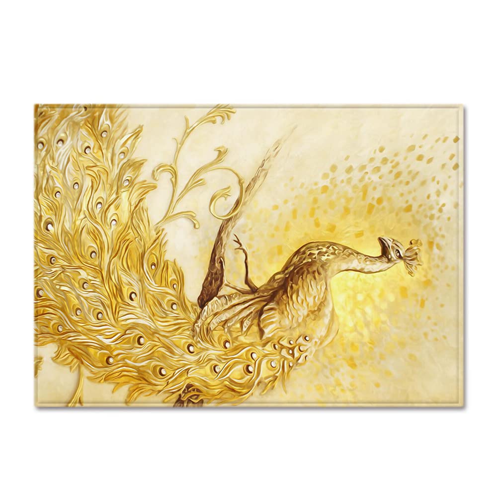 Tapis entrée polyester 80x120cm paon d'or abstrait lavable et antidérapant