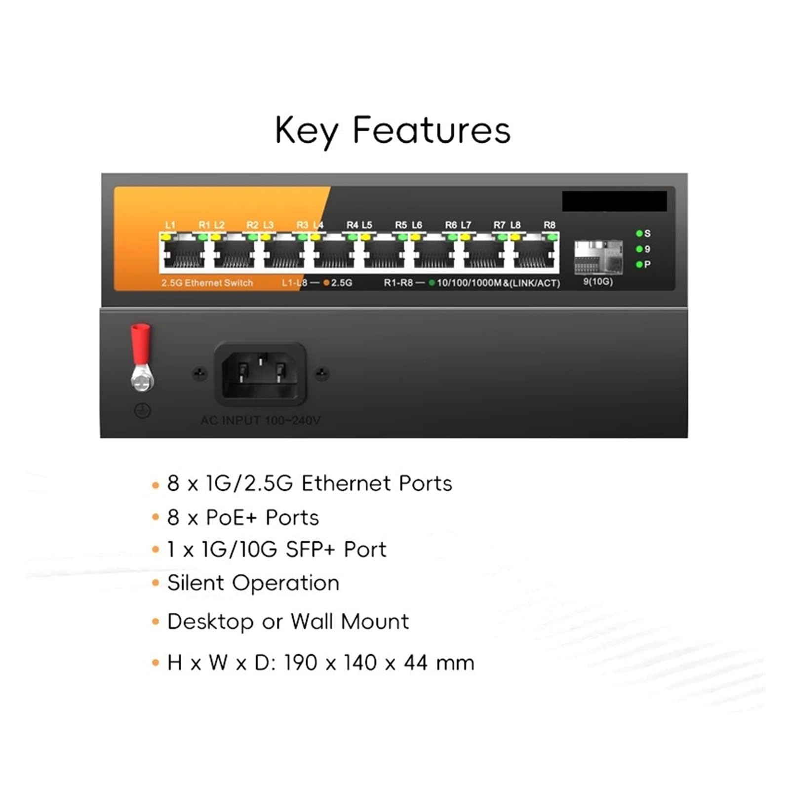 Switch Multi-gigabit a 9 Porte con Ethernet 8-PO//E 2,5 GB e uplink 1-SF.p+ 10 GB(Switch with AU Plug)