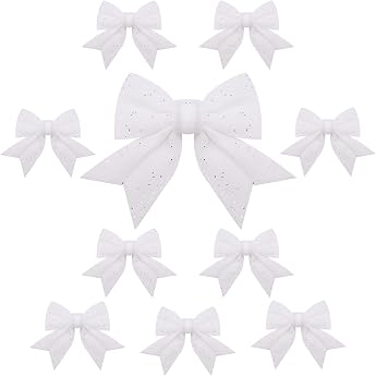 Pack of 10 Christmas Bows Christmas Tree White Glitter Bows Christmas Tree Decorations for Family Celebrations Party Decoration for Christmas Holiday Wedding Celebrations White