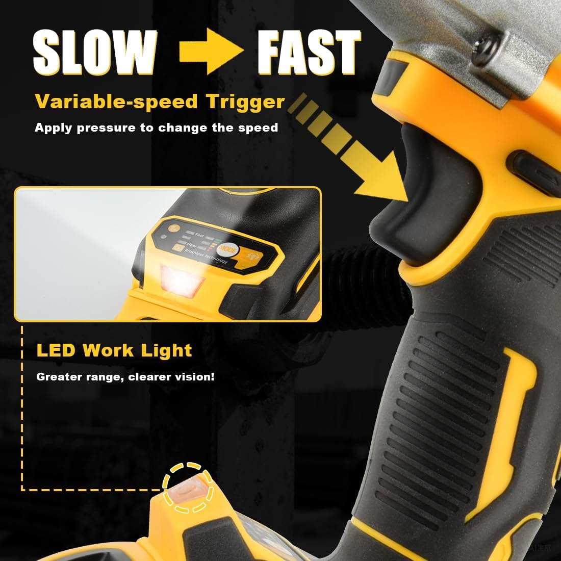 1/2" Cordless Impact Wrench 650 N.m (479 Ft-Lbs) Brushless Electric Impact Wrench 3 In 1 Power Impact Wrenches with 2 x 4.0Ah Battery, 6 Sockets, 5 Drill, 3 Screw, Fast Charger