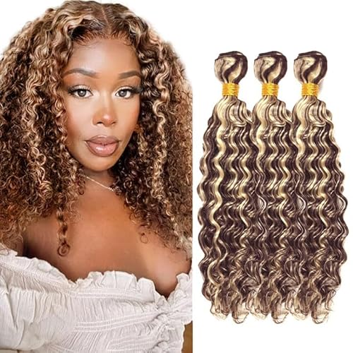 Blonde Bundles Brown Deep Wave Human Hair Weave 8A Grade Brazilian Unprocessed Virgin Hair 3 Bundles 14 16 18 Inch Brown Mixed With Blonde Human Hair Extensions