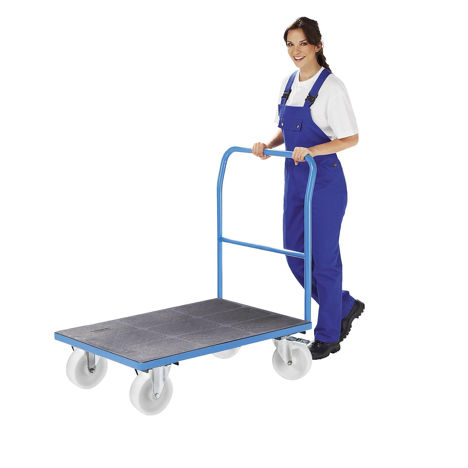 eurokraft | Plattformwagen | Rohrschiebebügel | Polyamidreifen | LxB 1050 x 700 mm | lichtBlau