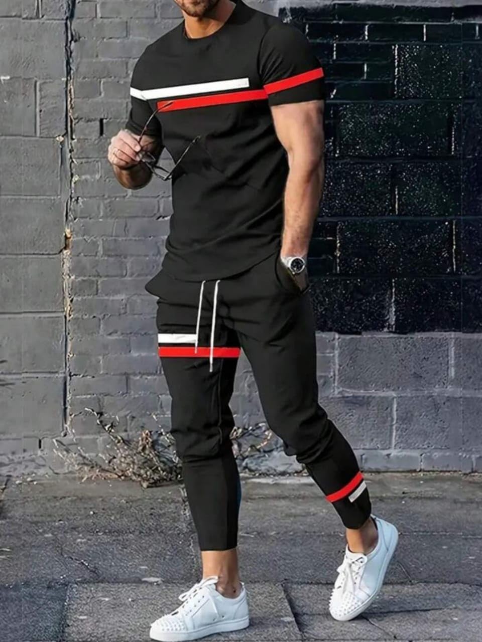 forbro Men's Athleisure 2-Piece Set, Black with Red and White Stripes, T-Shirt and Jogger Pants-picture-26