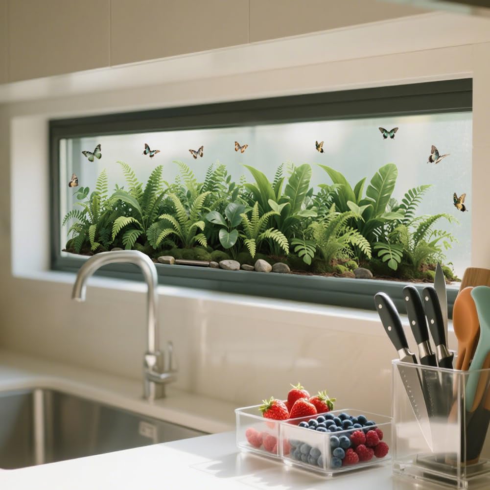 ANATTASOUL Spring Static Window Sticker Large Realistic Plants with Butterflies Reusable Window Cling for Glass, 47.24" x 11.8" Removable Double Sided Window Decal for Room Office Home Decoration