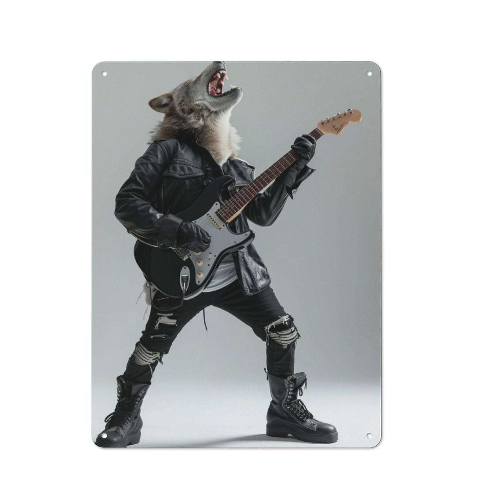 Decorative Tin Plaque with Wolf Guitar Design 40x30cm, Classic Novelty Wall Art for Flat, Dorm Room, Lounge Or Cafe