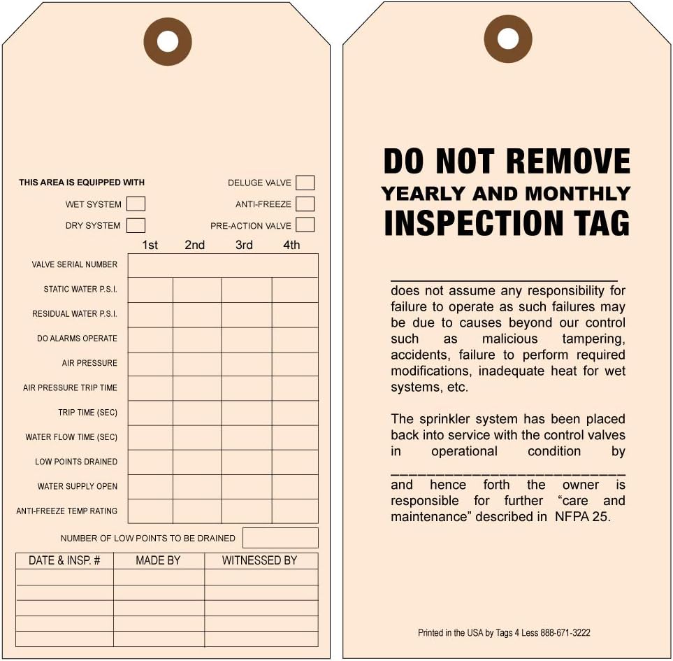 Custom Fire Sprinkler Inspection Tags Maintenance Record
