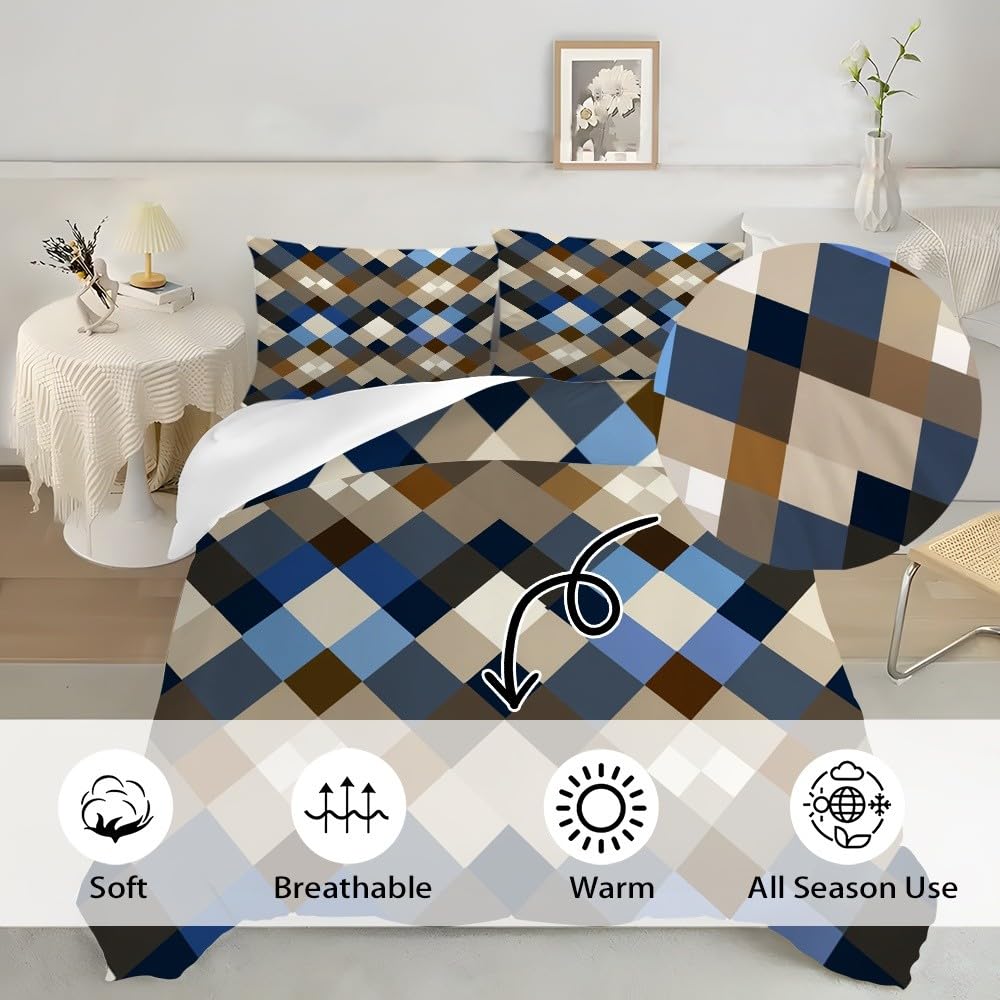 Geometryczny wzór w kratkę 3-częściowy zestaw pościeli, 250 x 200 cm Brązowa poszwa na kołdrę z zamkiem błyskawicznym Miękka i oddychająca poszewka na kołdrę z poszewkami na poduszki 50 x 80 cm