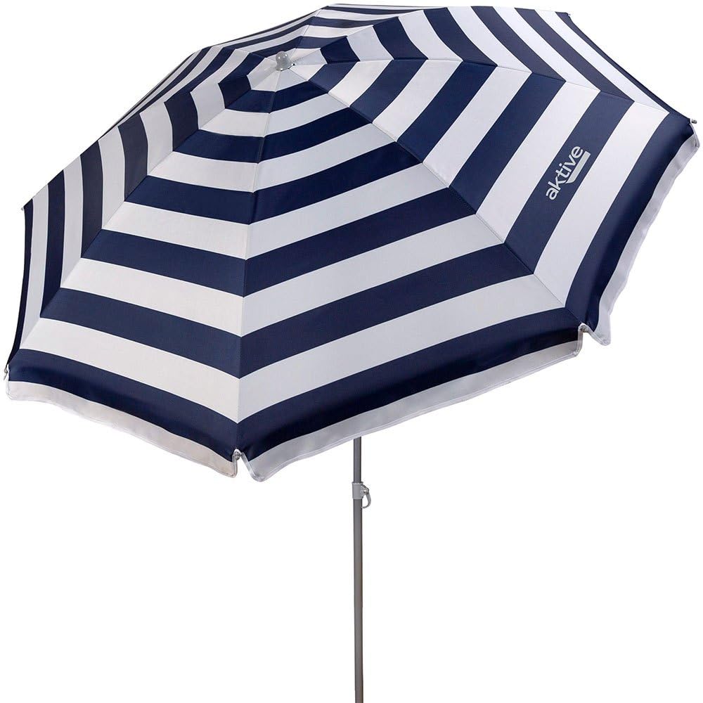 Aktive 62223 - Sombrilla de playa, Ø180 cm, con protección UV filtro 50, mástil Ø22-25 mm, incluye bolsa para transportarla, Sombrilla playa plegable, estampado a rayas marineras, Aktive Beach,