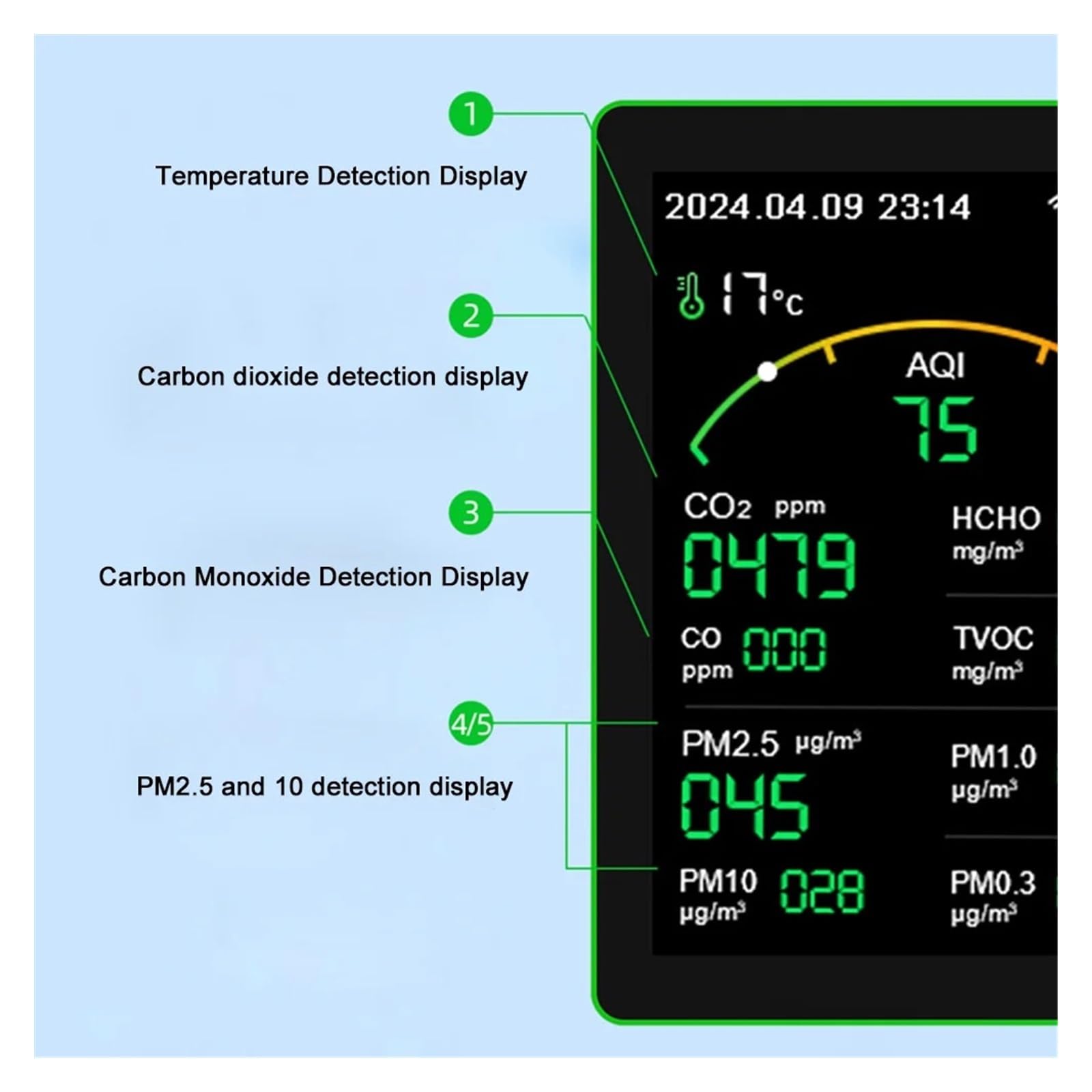 Monitor de calidad del aire, Detector De Calidad Del Aire WiFi 15 En 1, Pantalla TFT, Portátil For El Hogar, PM0.3 PM1.0 PM2.5 PM10 CO CO2 TVOC HCHO(Black)