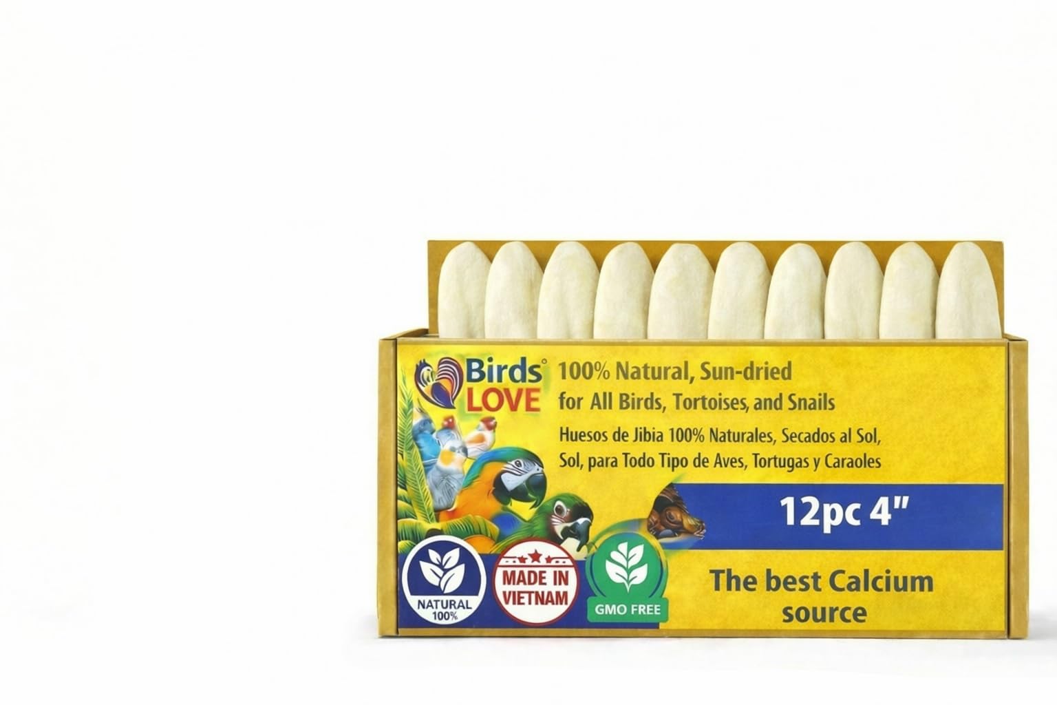 Birds LOVE 3.5-4″ Cuttlebones for Birds – 100% Natural Sun-Dried Calcium Carbonate Mineral Supplement – for Parakeets, Budgies, Cockatiels, Finches & Canaries – 12 Pack with Holder – Made in Vietnam