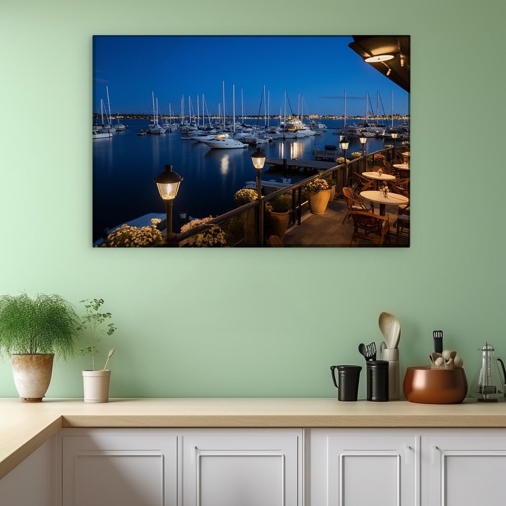 Canvas for Living room. Moonlit Serenity at the Marina � Dining by the Docked Vessels, 27 x 18 inch Canvas Wall Art - Wall Art Digital Painting - Modern Home Decor - 69x46 cm (27x18 inch)