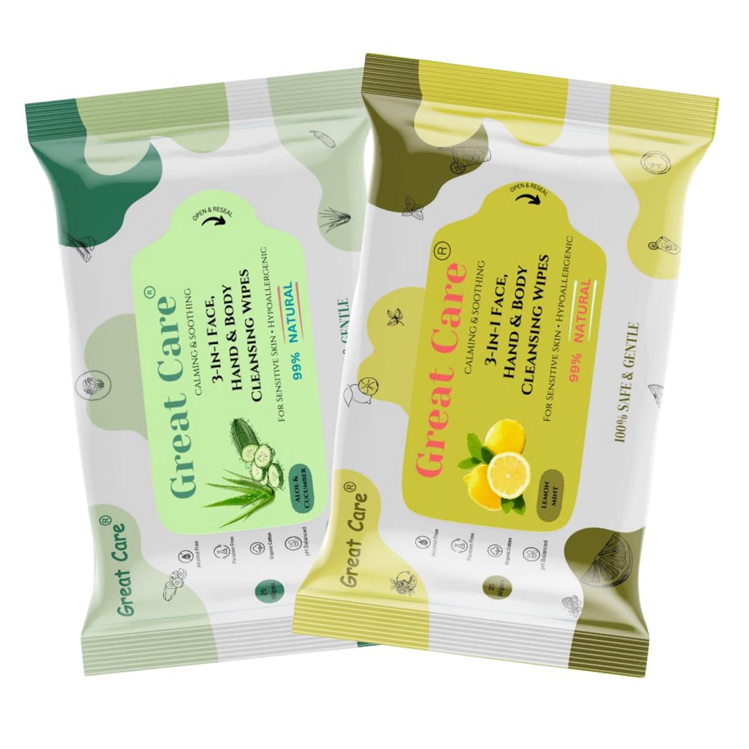 Great Care Refreshing Face Wipes Daily Cleansing Facial Wet Wipes 25 Each - Pack of 3 with Lemon& Mint | Paraben & Alcohol free-image-39