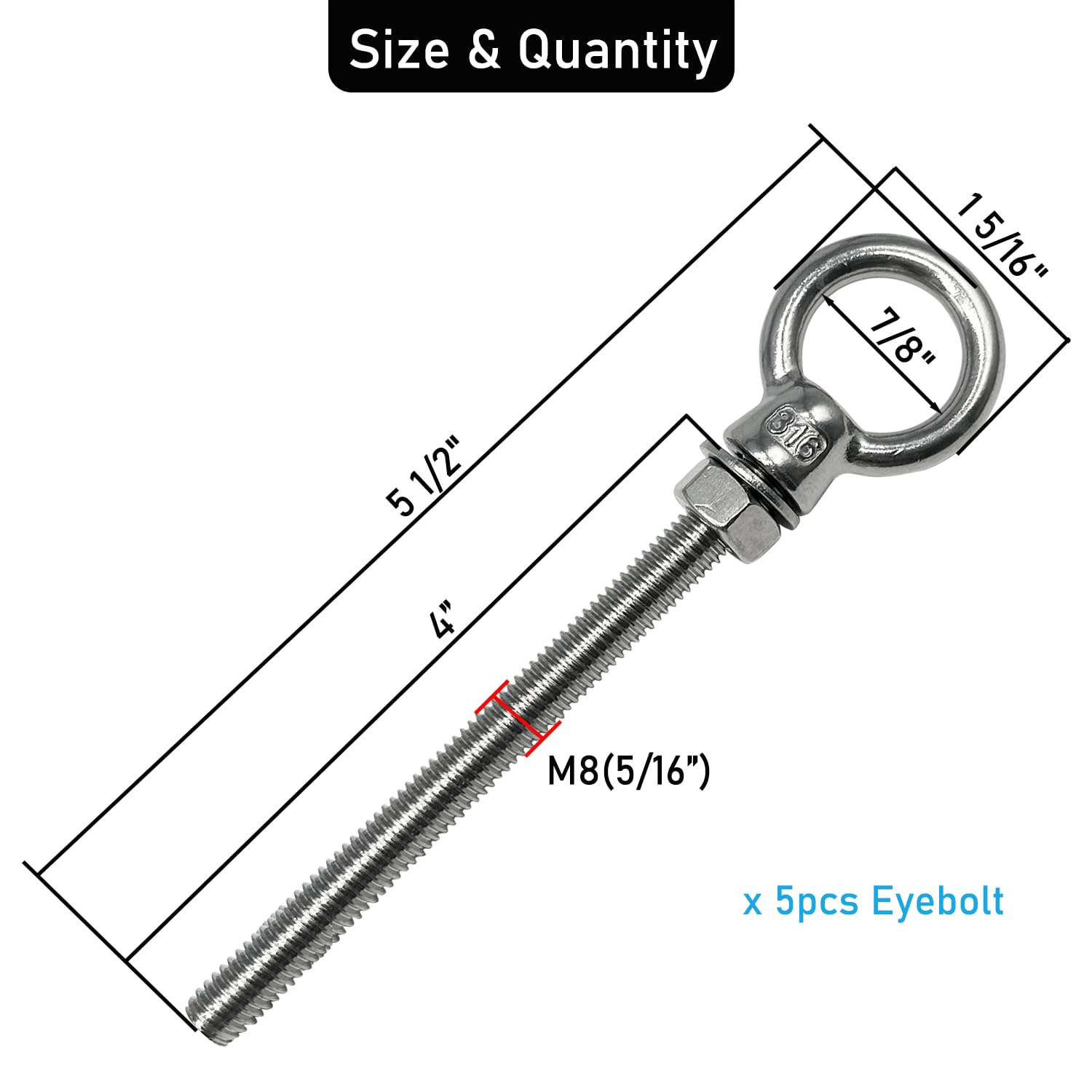 Hard-to-Find Fastener 5-Pack 3/8-16 X 4" Eye Bolts With Nuts – Zinc-Plated Steel, Coarse Thread For Lifting, Rigging & DIY Projects