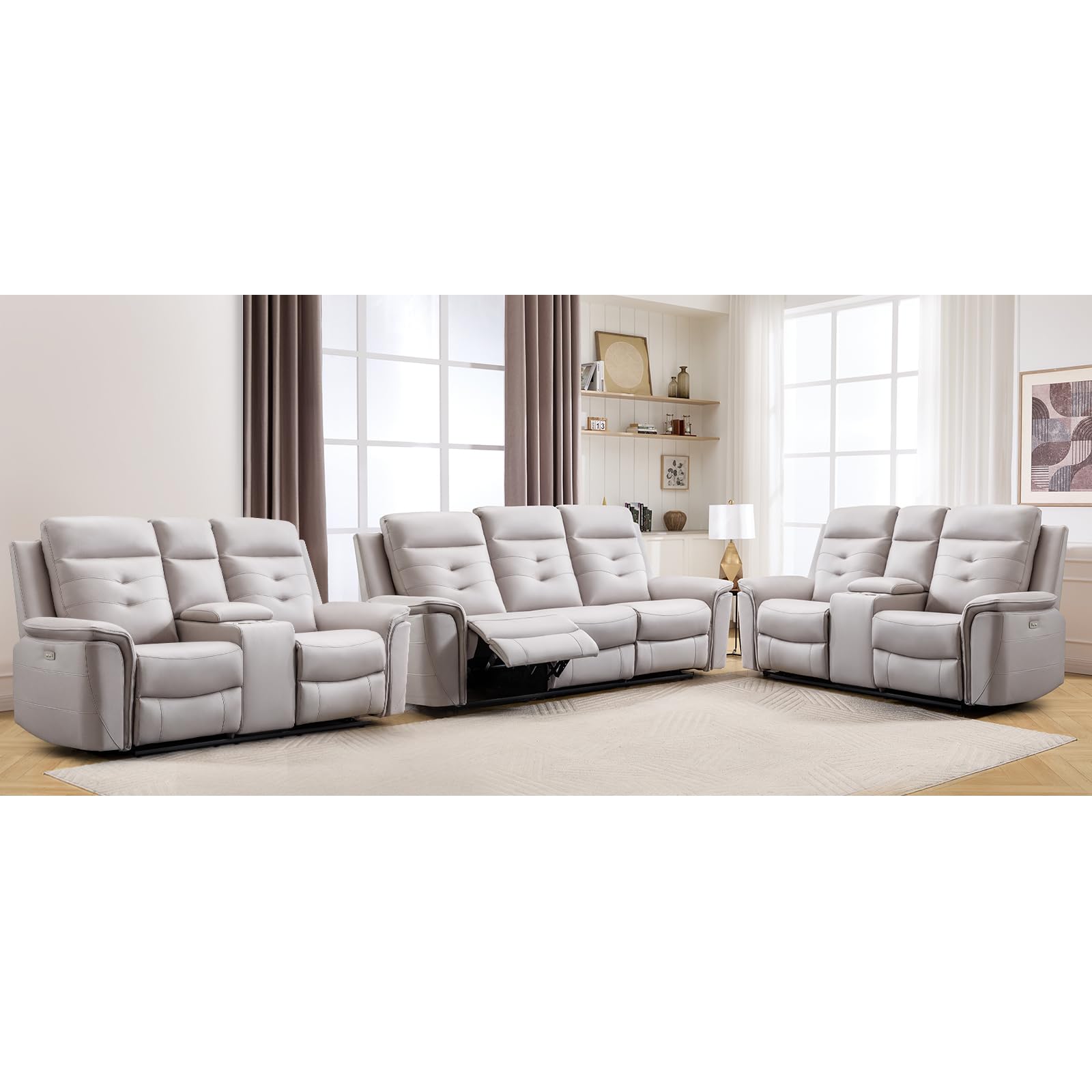 ANJ 3-Piece Faux Leather Power Recliner Sofa Set with USB Charging Ports, Include 2 Loveseat Sofas with Hidden Storage &amp; Cup Holders and a 3-Seater Reclining for Living Room, Beige