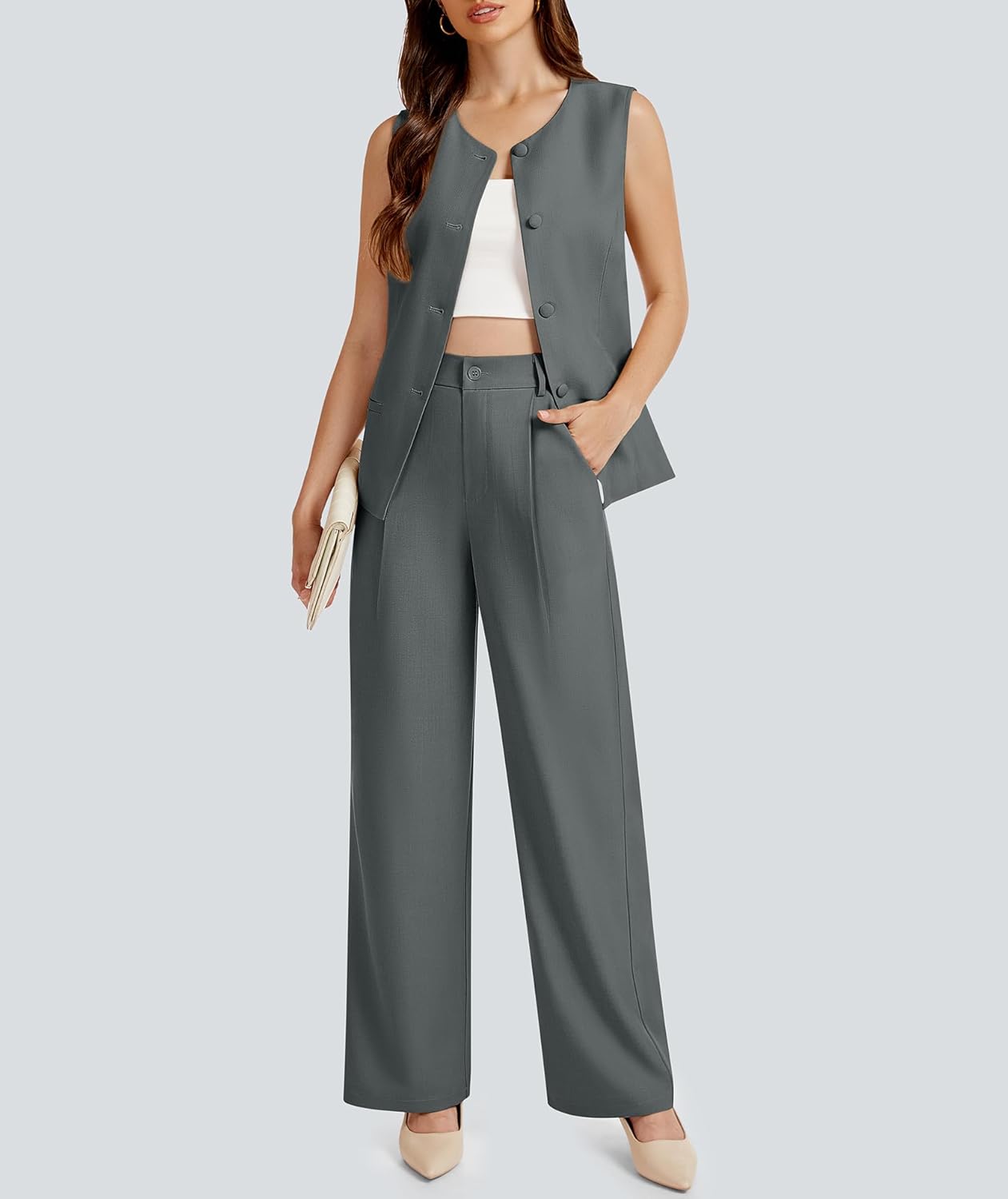 Casly Lamiit Women's 2 Piece Outfit Spring 2026 Sleeveless Suit Vest and Wide Leg Pants Business Casual Travel Blazer Sets - Image 2