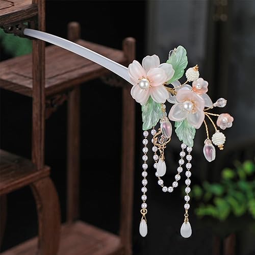 Miniatura 2 de Horquilla de pelo de Kapok con borlas de perlas de flores rosadas, horquilla china estilo Hanfu para el cabello, horquilla para el cabello de resina