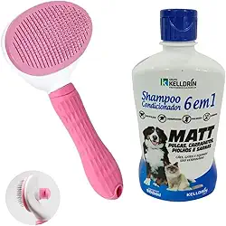 Kit Higiene Pet Shampoo E Condicionador 6 em 1 Para Cães e Gatos Antipulgas Com Rasqueadeira Removedora de Pelos (Rosa)