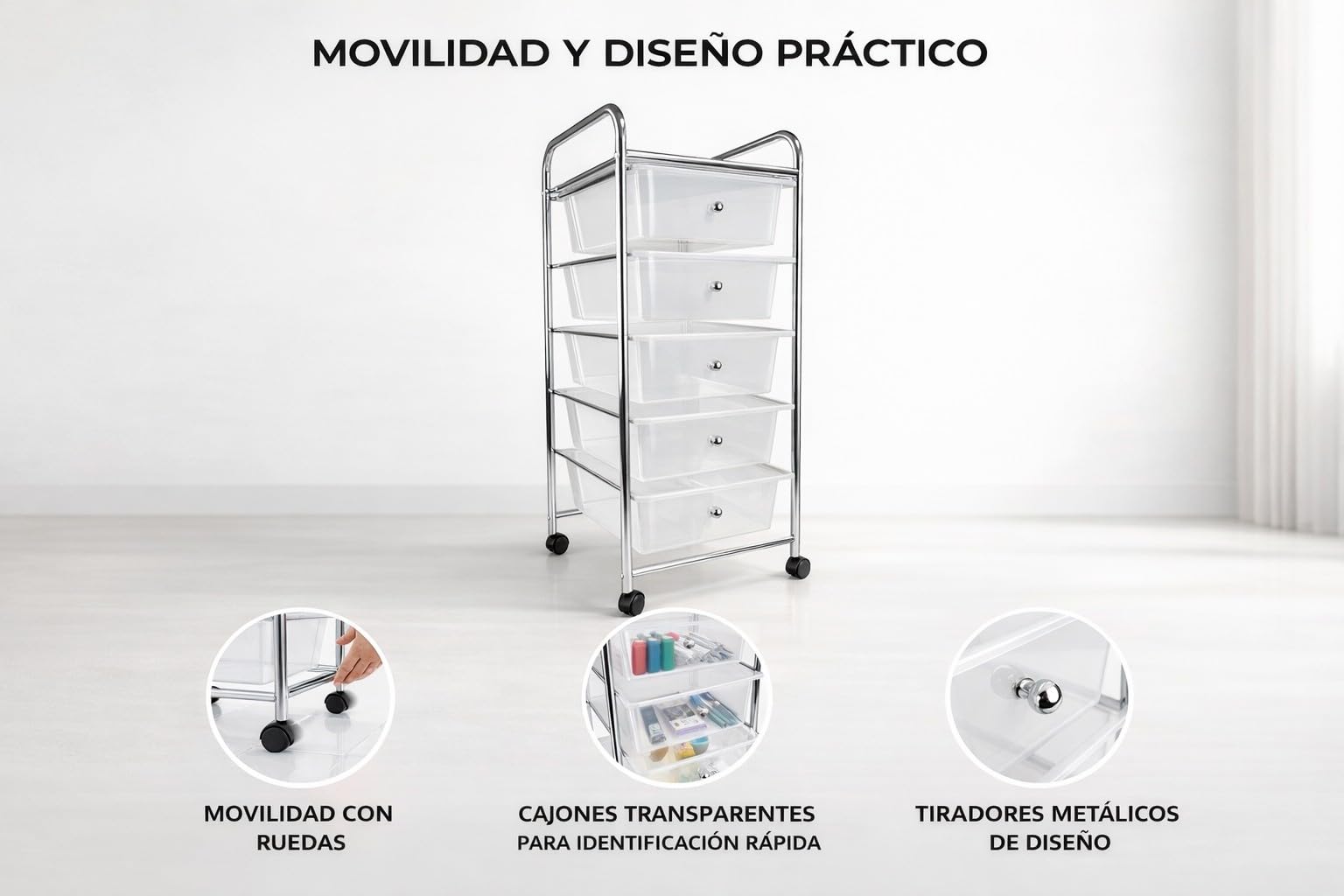 HERSIG Cajonera Plastico Metal Blanco 5 Alturas con Ruedas