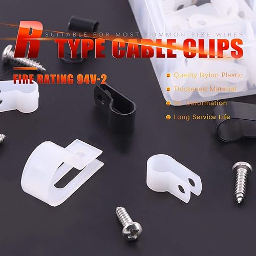 Miniatura 5 de Hilitchi 132 piezas de 6 tamaños de abrazadera de cable de plástico blanco y negro tipo R para cable de montaje de tornillo, kit surtido de clips de
