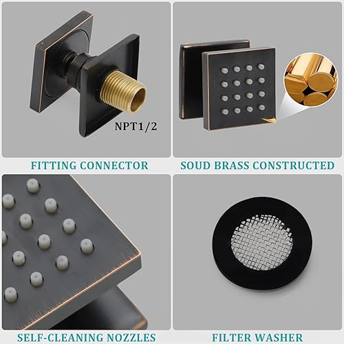 Miniatura 4 de HOMEDEC Chorros de rociador de cuerpo de ducha de masaje cuadrado de latón de 2 pulgadas, bronce aceitado, paquete de 6