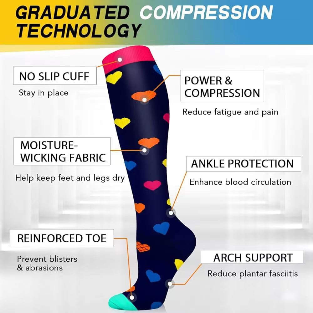 Chaussettes de Compression pour Femmes et Hommes (15-20 mmHg), 8 Paires Chaussettes de Compression, Bas de Contention pour le Sport, l’Avion, le Voyage, Course, Grossesse, Médical, Athlétisme
