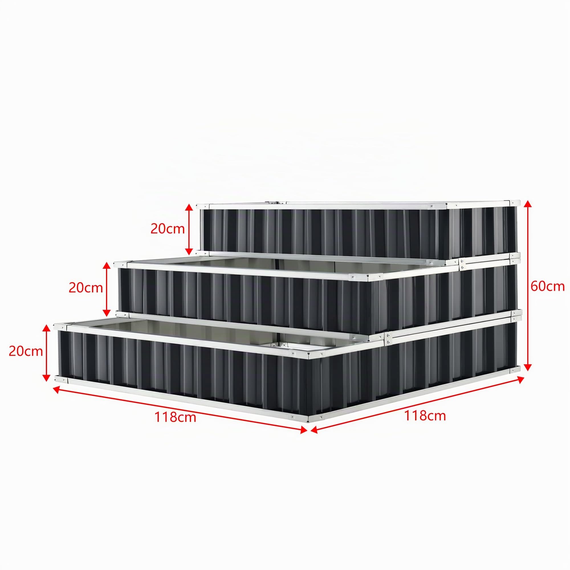 Carré Potager à 3 Niveaux pour Fleurs Herbes Légumes Jardinière Surélevée Résistante aux Intempéries en Acier Galvanisé 118 x 118 x 60 cm Anthracite