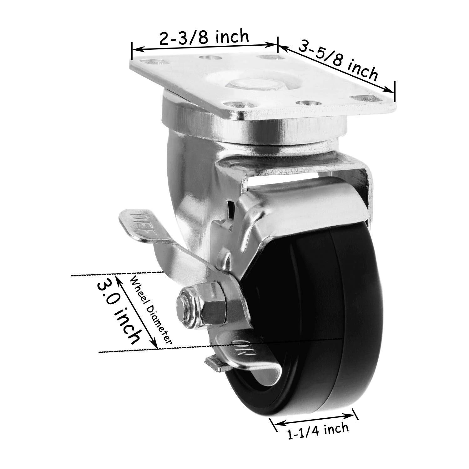 SY America 3" 4 Pack Caster w/Polyolefin Black Rubber Top Plain Plate, Top Plate Caster, 1320 lbs Total Capacity(3 inches Pack of 4, 2 Swivel w/Brakes & 2 Rigid)