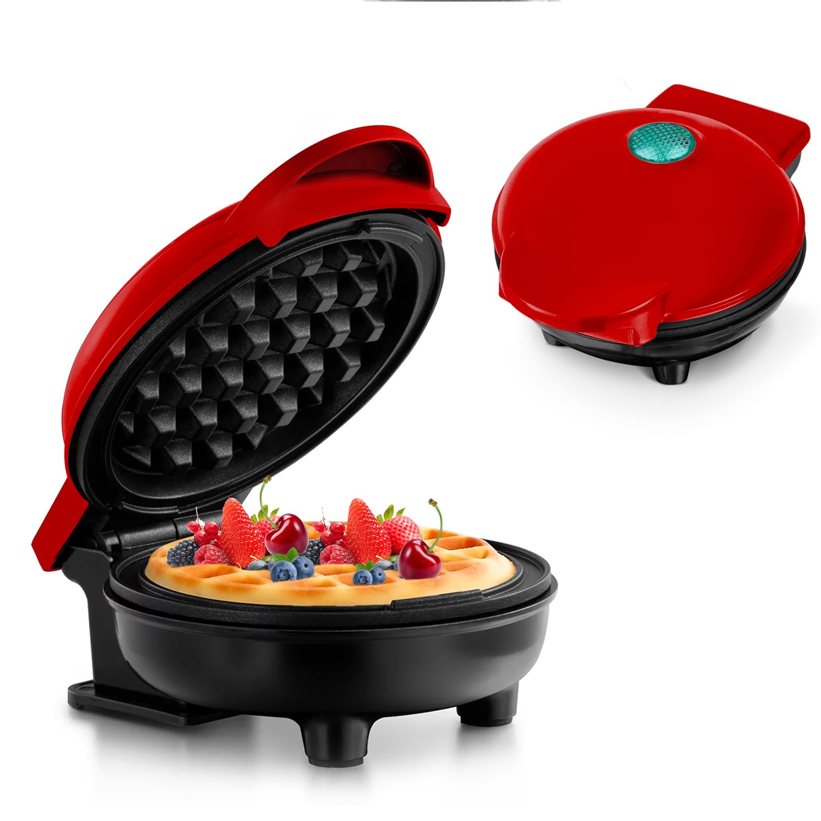 HIYAA Mini Waffle Iron for Classic Waffles, Small Waffle Maker with Non-Stick Coating Retro Design for Birthdays, Family Parties, Red